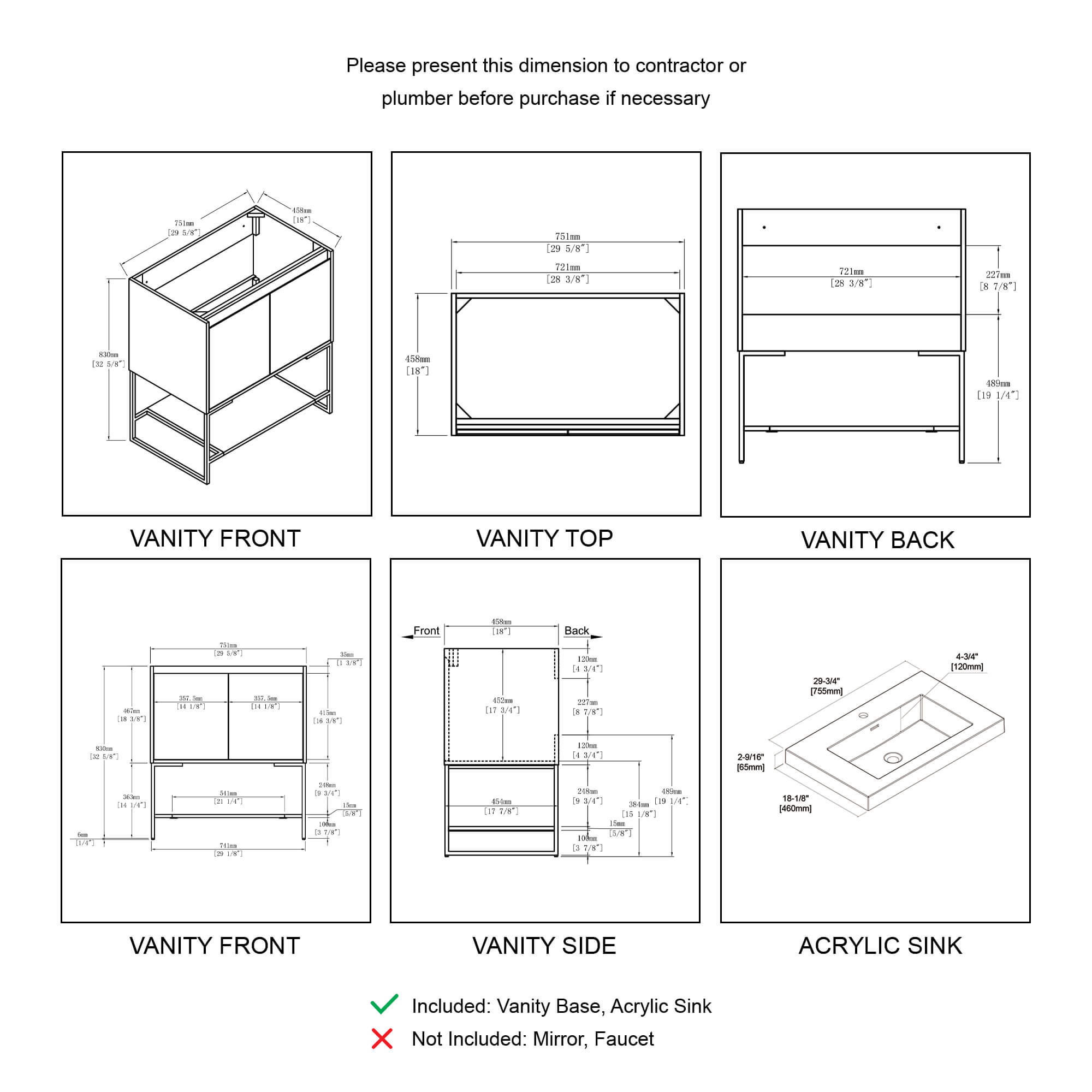 Porto 30″ Combo: Vanity with Acrylic Sink