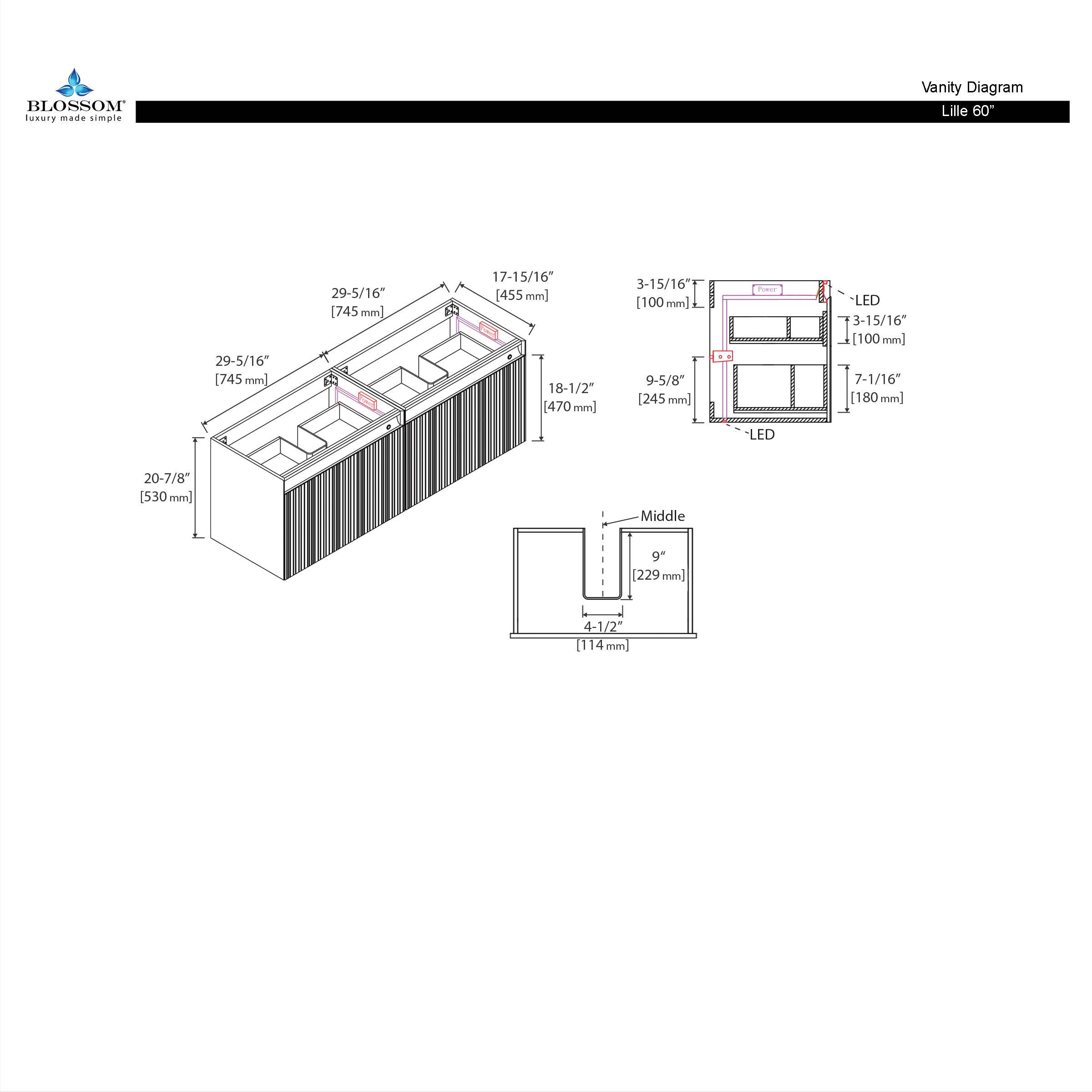 Lille – 60 Inch Double Vanity – Brown Walnut Strip