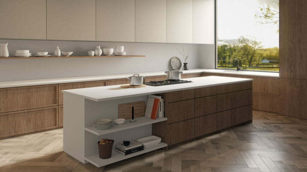 Modern kitchen design with a spacious island, natural wood accents, and minimalist decor, showcasing an elegant and functional space.