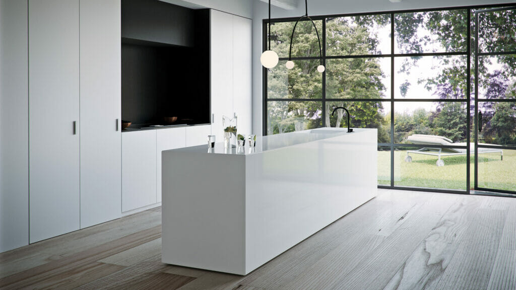 Modern kitchen featuring a pure white island, emphasizing luxurious simplicity and design freedom.