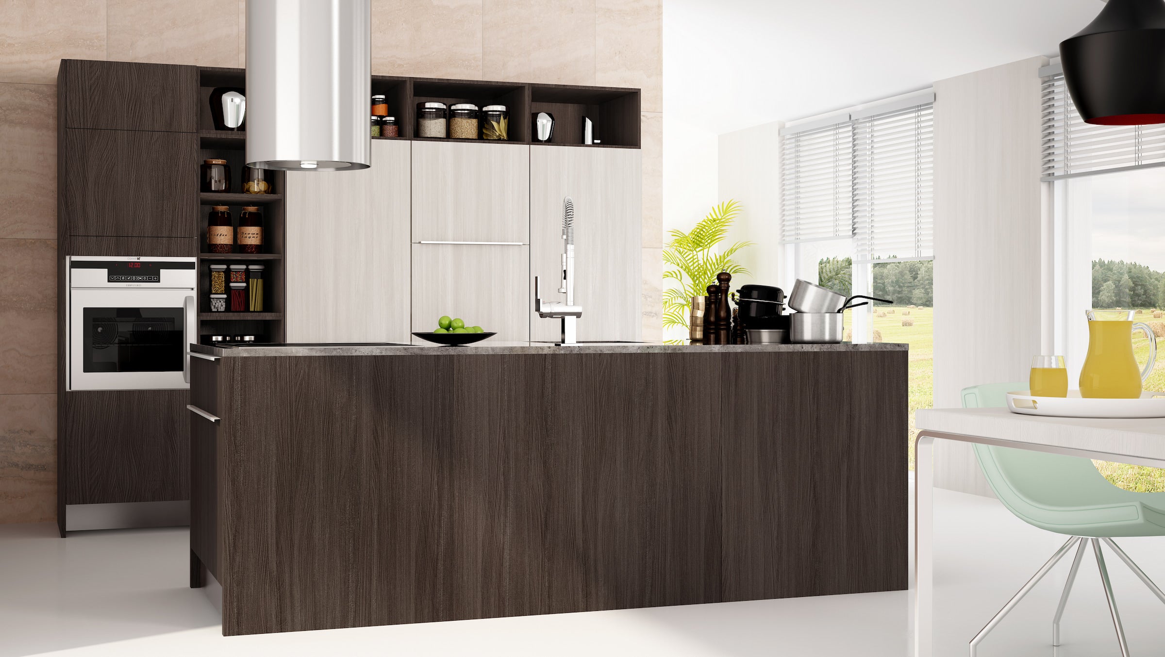 Modern kitchen featuring Illume Tuscany Olmo 3 cabinets, showcasing rich brown tones and sophisticated design.