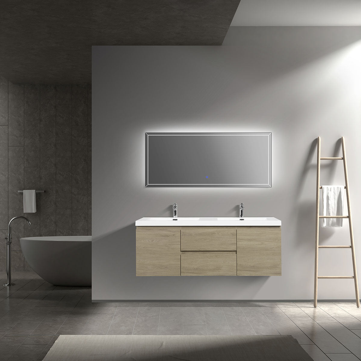 60" V9005 Angela Wall Hung Vanity & Acrylic Basin Double Sinks (E.Oak)