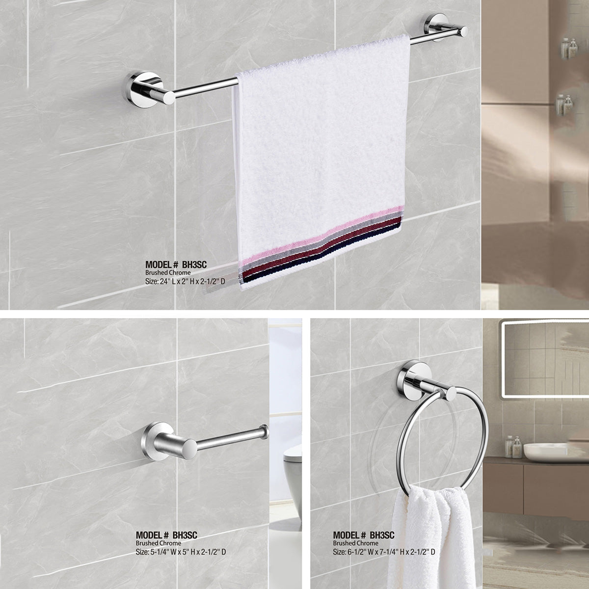 BH3S 3 Pieces Bathroom Hardware Set (Chrome or Brushed Nickel)