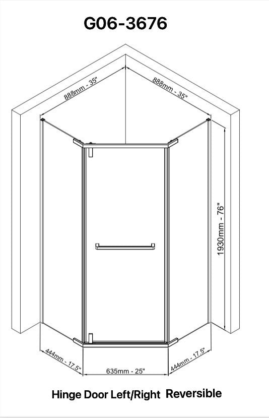 Neo Maggie Angle G06 Hinged Shower Door  36"W X 36"W X 76"H & 40"W X 40"W X 76"H (3/8" Thickness) (Chrome or Brushed Nickel)