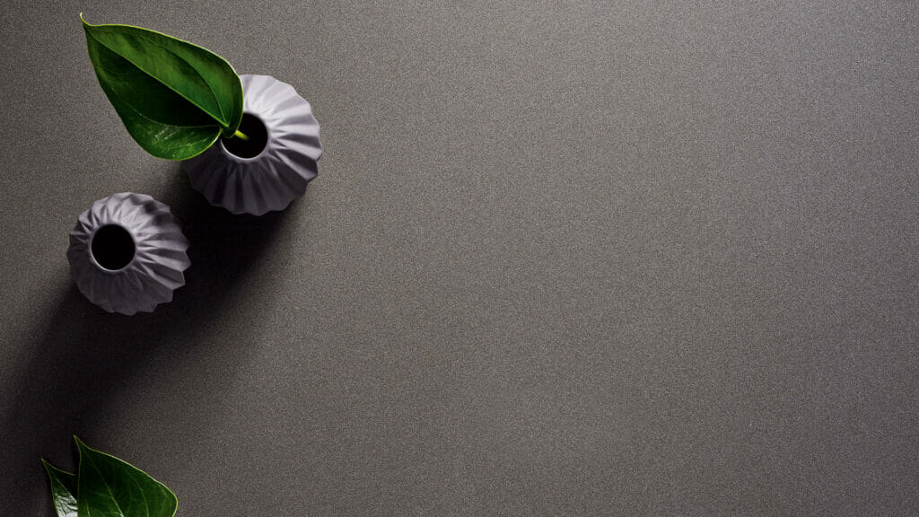 Elegant dark grey surface with modern vases and green leaves, embodying a sleek industrial aesthetic.