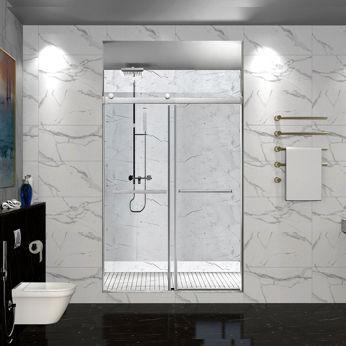 54" DQZ Nicholas Series Frameless Bypass Shower Door with Klearteck Treatment (3/8" Thickness) (Brushed Nickel)
