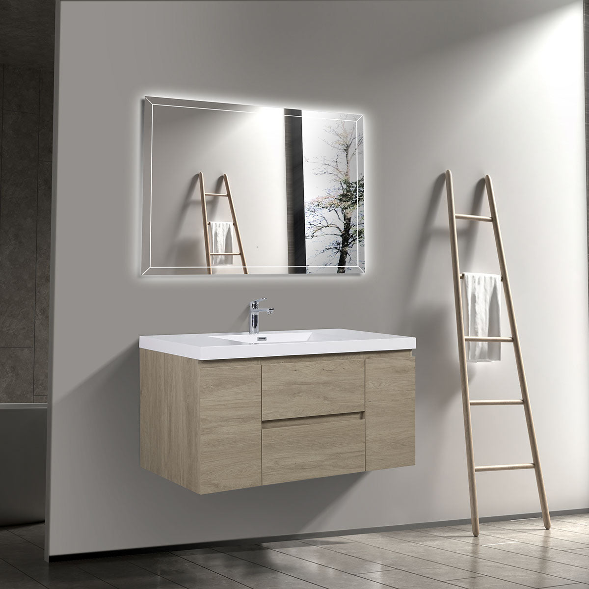 48" V9005 Angela Wall Hung Vanity & Acrylic Basin (E.Oak)