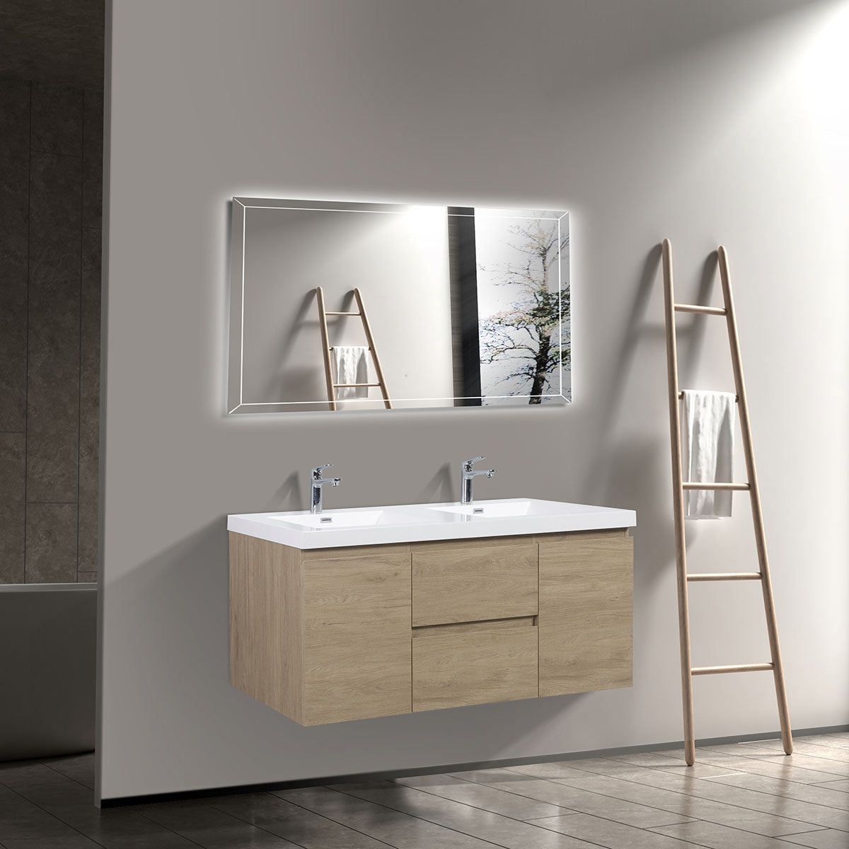 60" V9005 Angela Wall Hung Vanity & Acrylic Basin Double Sinks (E.Oak)