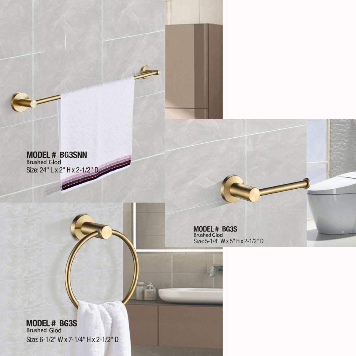 BH3S 3 Pieces Bathroom Hardware Set (Brushed Gold)