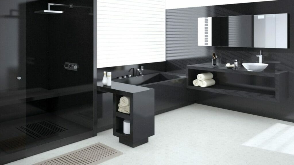 Sleek bathroom design featuring 3100 Jet Black accents, showcasing luxury with subtle patterns and a modern aesthetic.