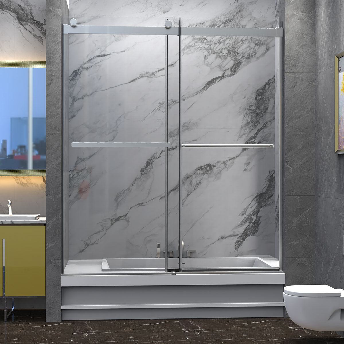 60" DQZ Nicholas Series Tub Door Frameless Bypass Tub Door with Klearteck Treatment (3/8" Thickness) (Brushed Nickel)