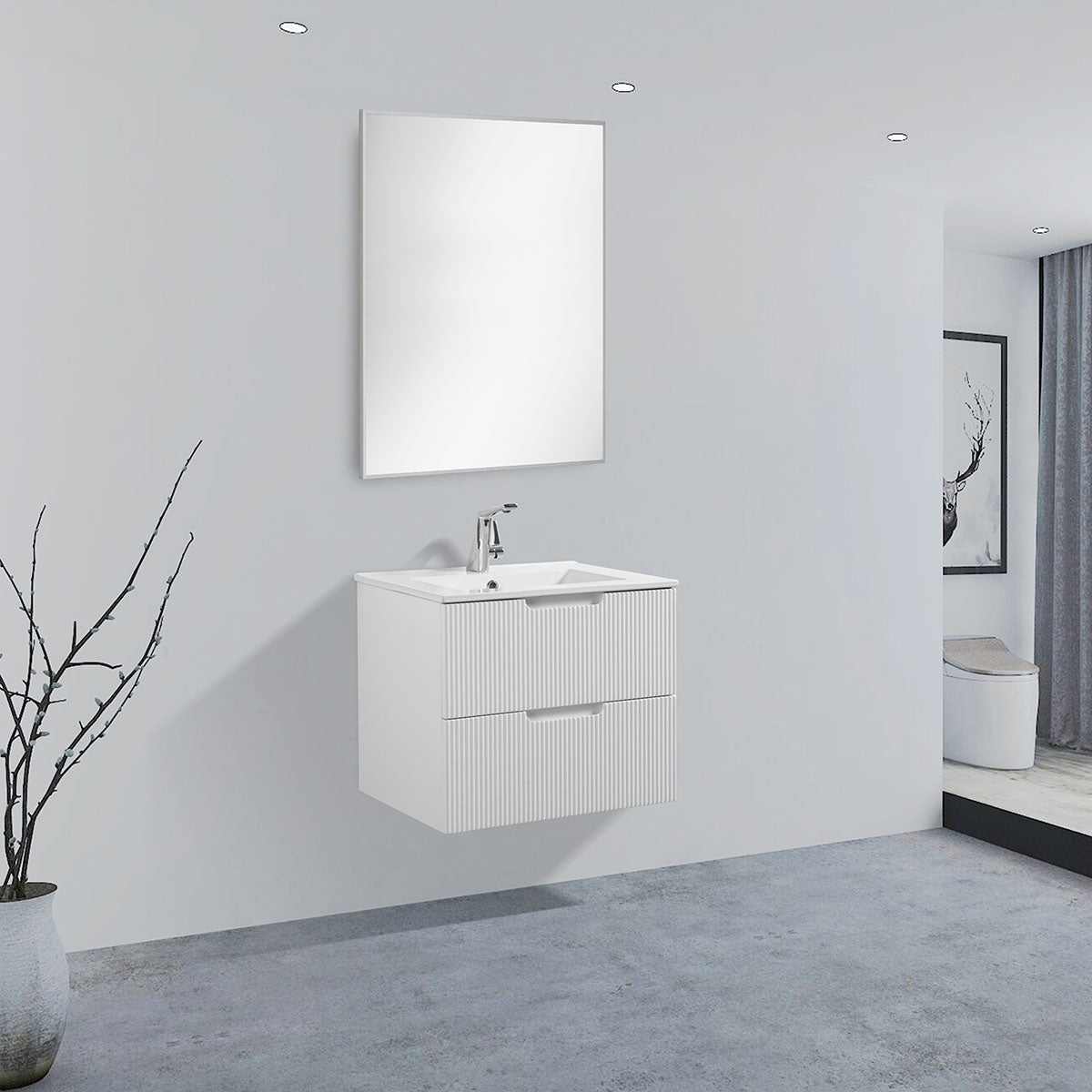 24" V9018 Sylvia Series Wall Hung Vanity & Ceramic Sink (Glossy White)