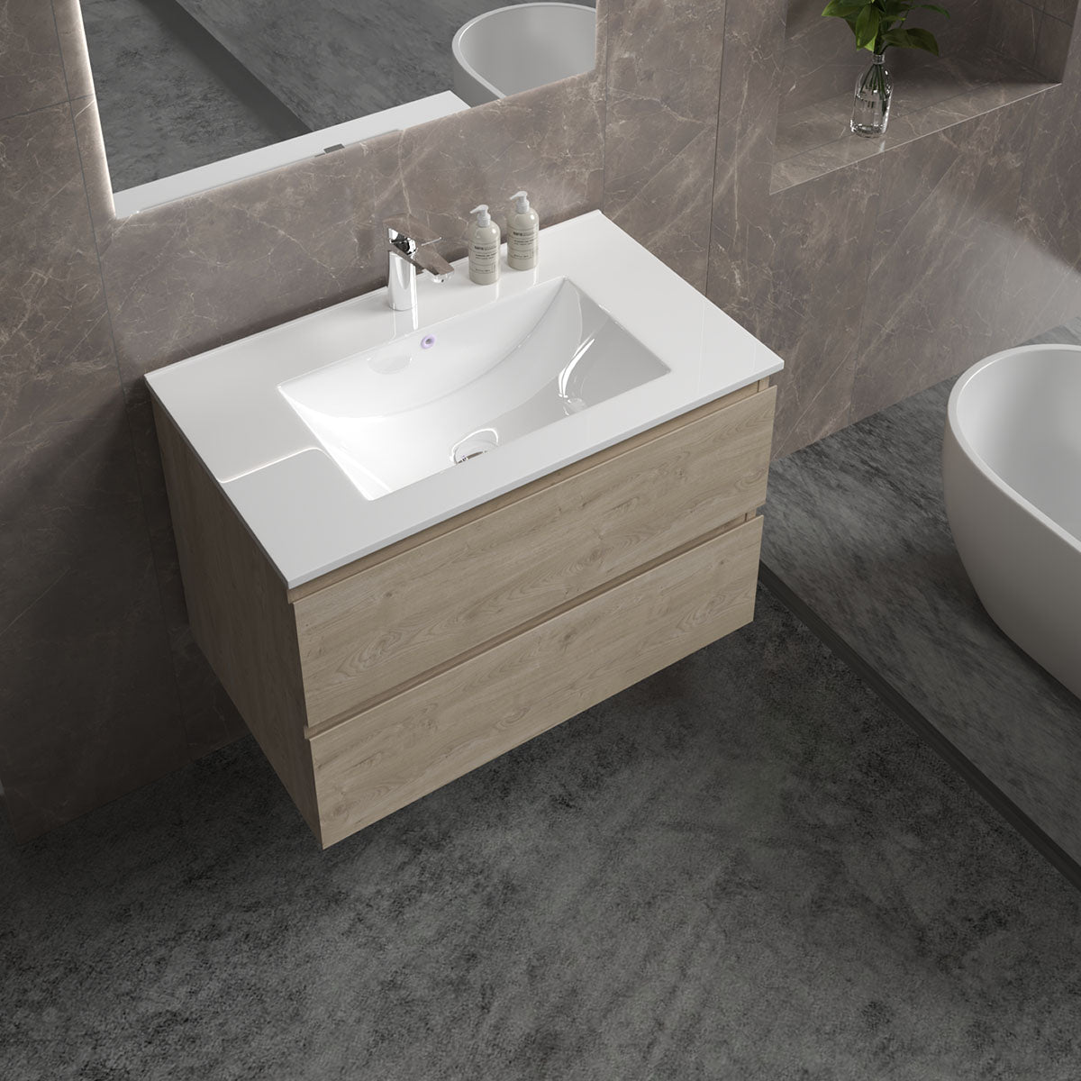 30" V9005 Angela Wall Hung Vanity & Ceramic Sink (E.Oak)