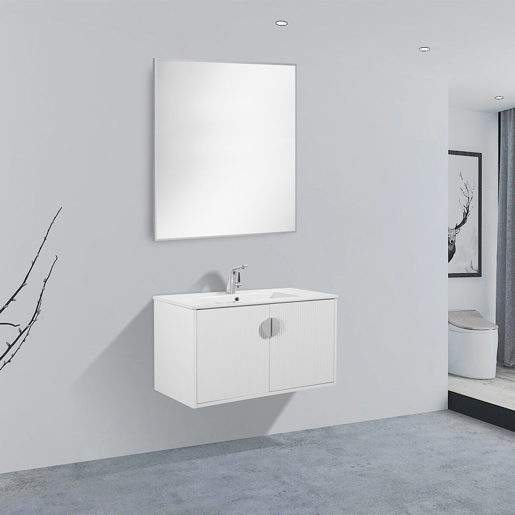 36" V9015 Series Wall Hung Vanity & Ceramic Sink (Glossy White)