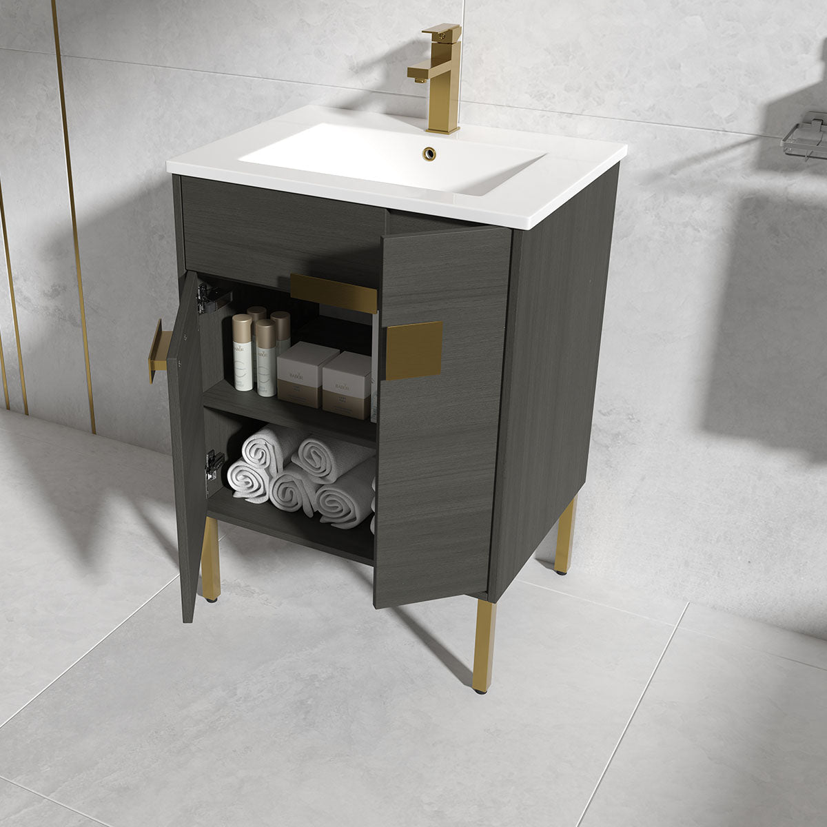 24" V9010 Vanity & Ceramic Sink (Grey Teak)