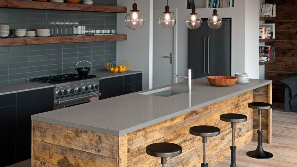 Modern kitchen featuring 4003 Sleek Concrete countertop, industrial stools, and wooden shelving for a stylish ambiance.