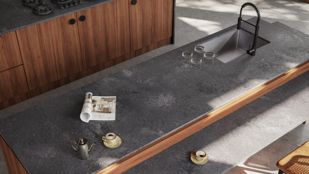 4033 Rugged Concrete countertop with dramatic gray gradients and industrial finish in modern kitchen setting.