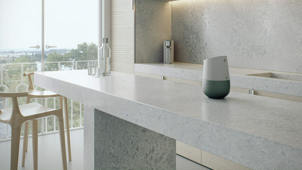 Stylish kitchen featuring 4044 Airy Concrete countertop, showcasing a textured surface with grey hues and elegant decor.