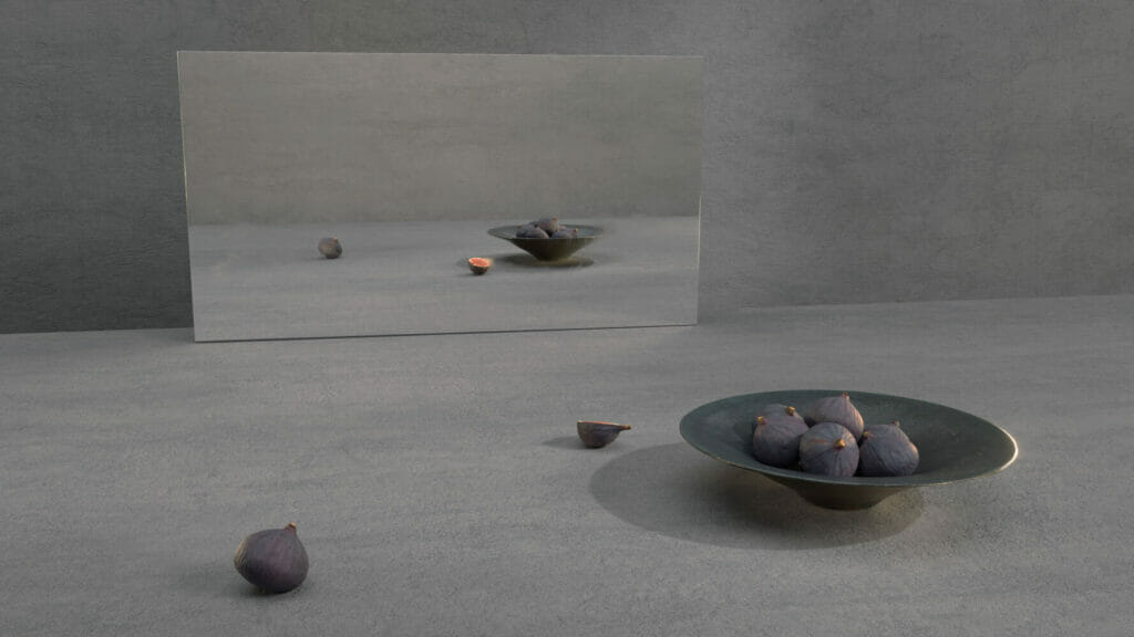 A minimalist setting with a bowl of dark figs and a mirror reflecting the grey concrete ambiance.