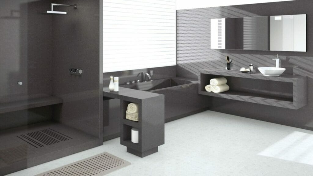 Modern bathroom featuring smoky-slate greys, sleek fixtures, and a stylish two-toned design for a dramatic effect.