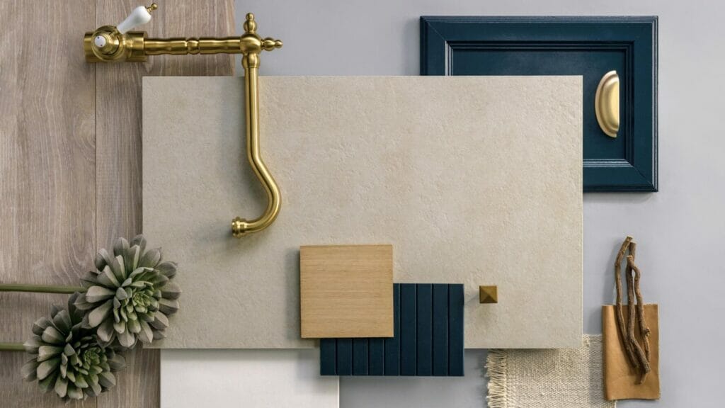 Stylish design display featuring creamy-beige, navy accents, and brass fixtures showcasing 412 Beige Ciment.