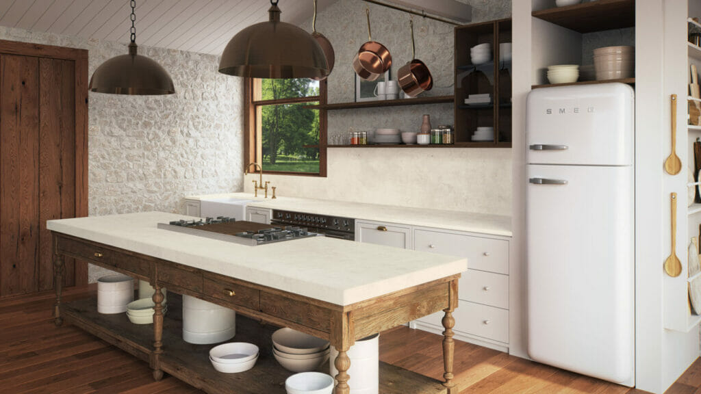 Modern kitchen featuring a whitewashed countertop, rustic wooden island, and stylish copper cookware hanging above.