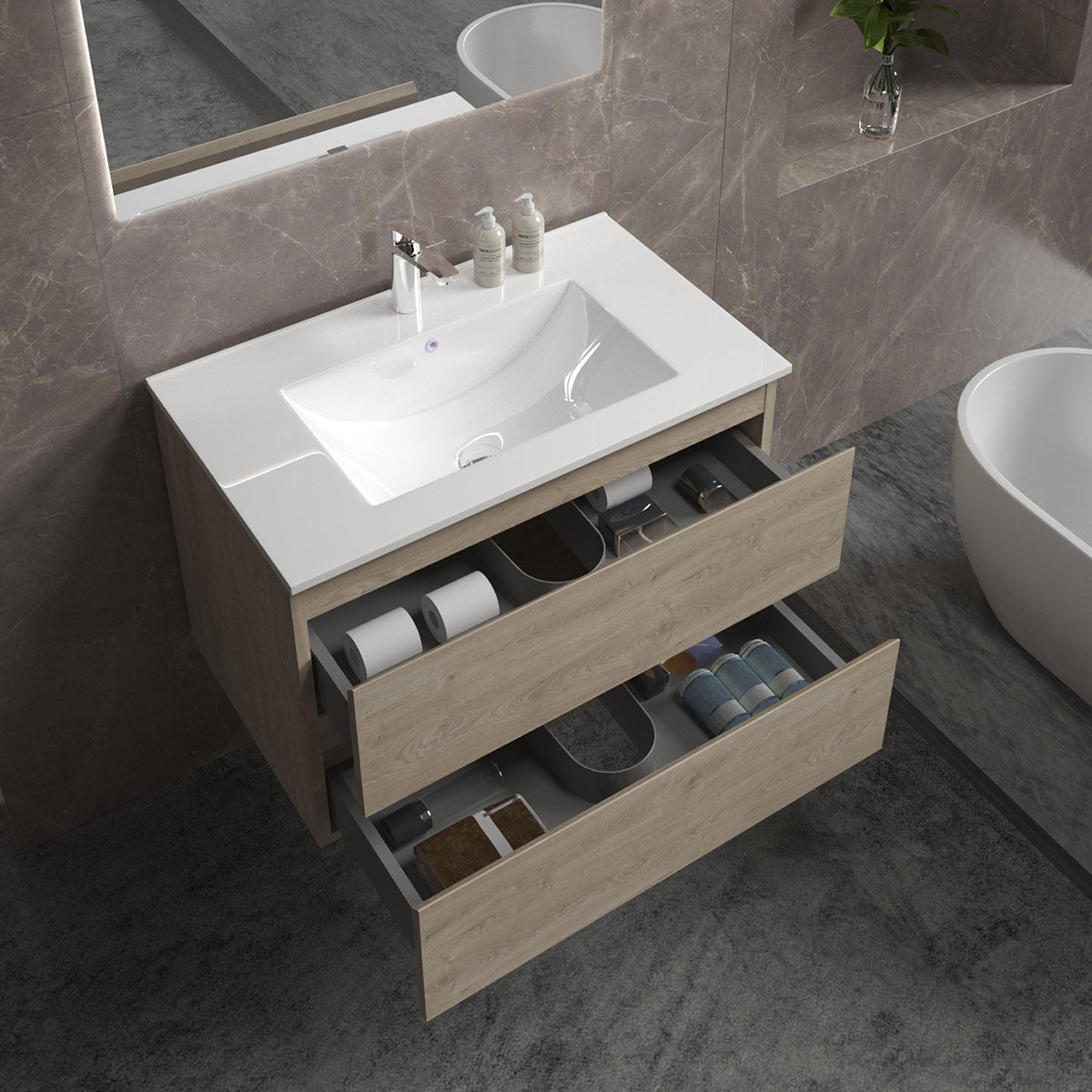 30" V9005 Angela Wall Hung Vanity & Ceramic Sink (E.Oak)