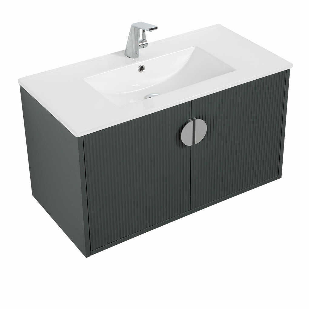36" V9015 Series Wall Hung Vanity & Ceramic Sink (Ash Green)