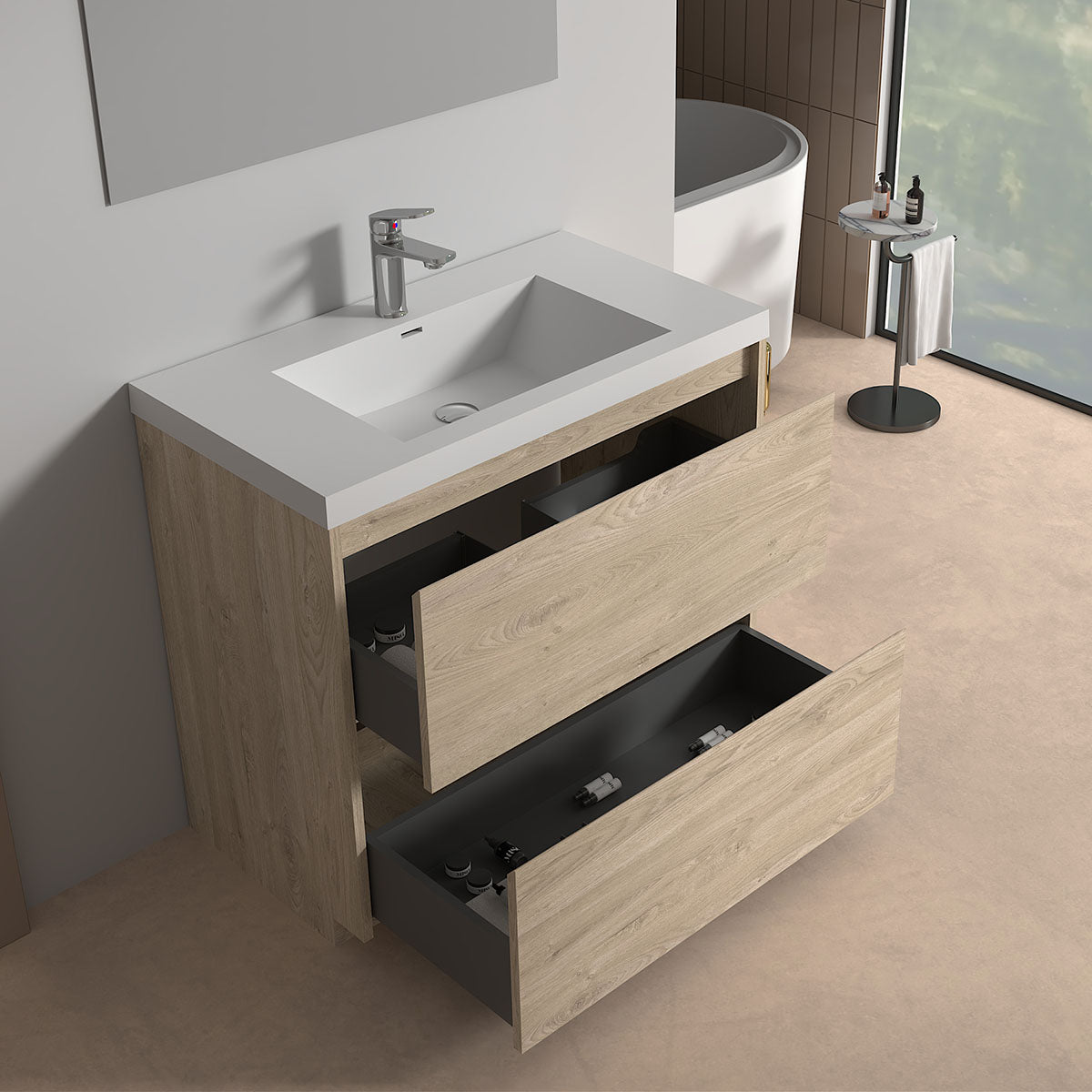 V9002 36" Vanity With Acrylic Sink Combo (Natural Oak)