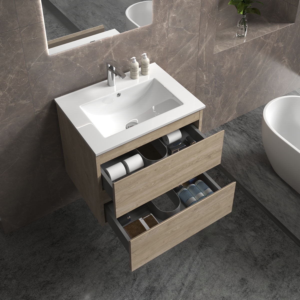 24" V9005 Angela Wall Hung Vanity & Ceramic Sink (E.oak)