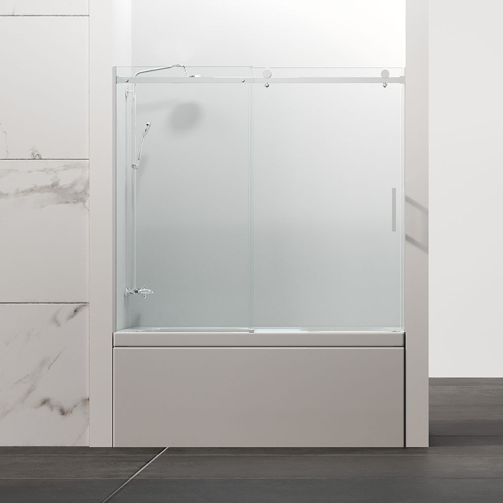 54" Amber Series Frameless Sliding Shower Door with Klearteck Treatment (3/8" Fixed + 5/16" Sliding ) (Chrome)