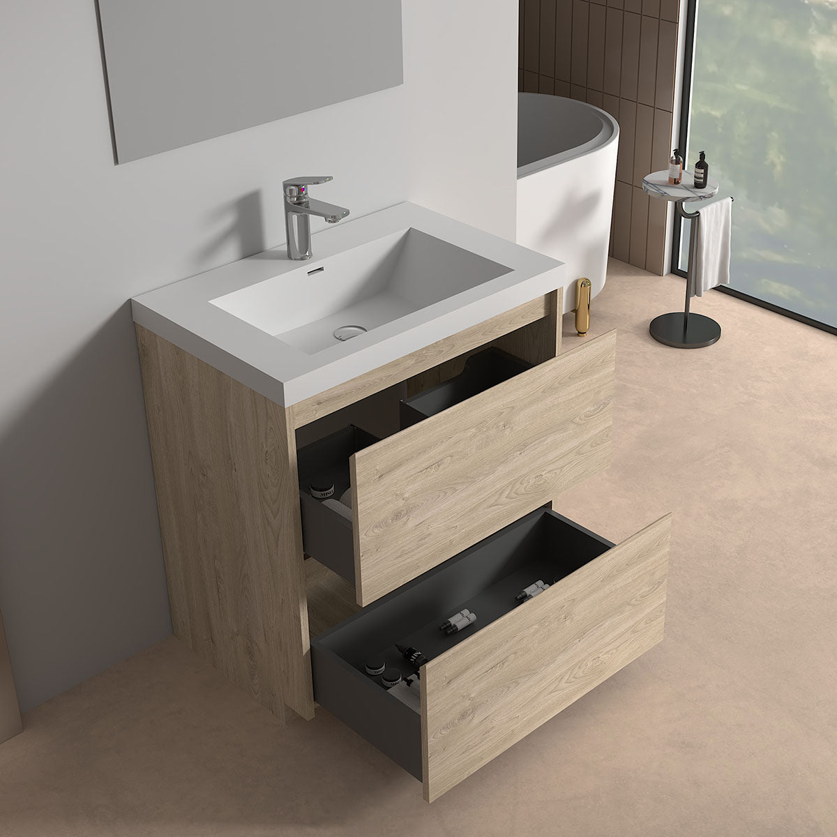 V9002 30" Vanity With Acrylic Sink Combo (Natural Oak)