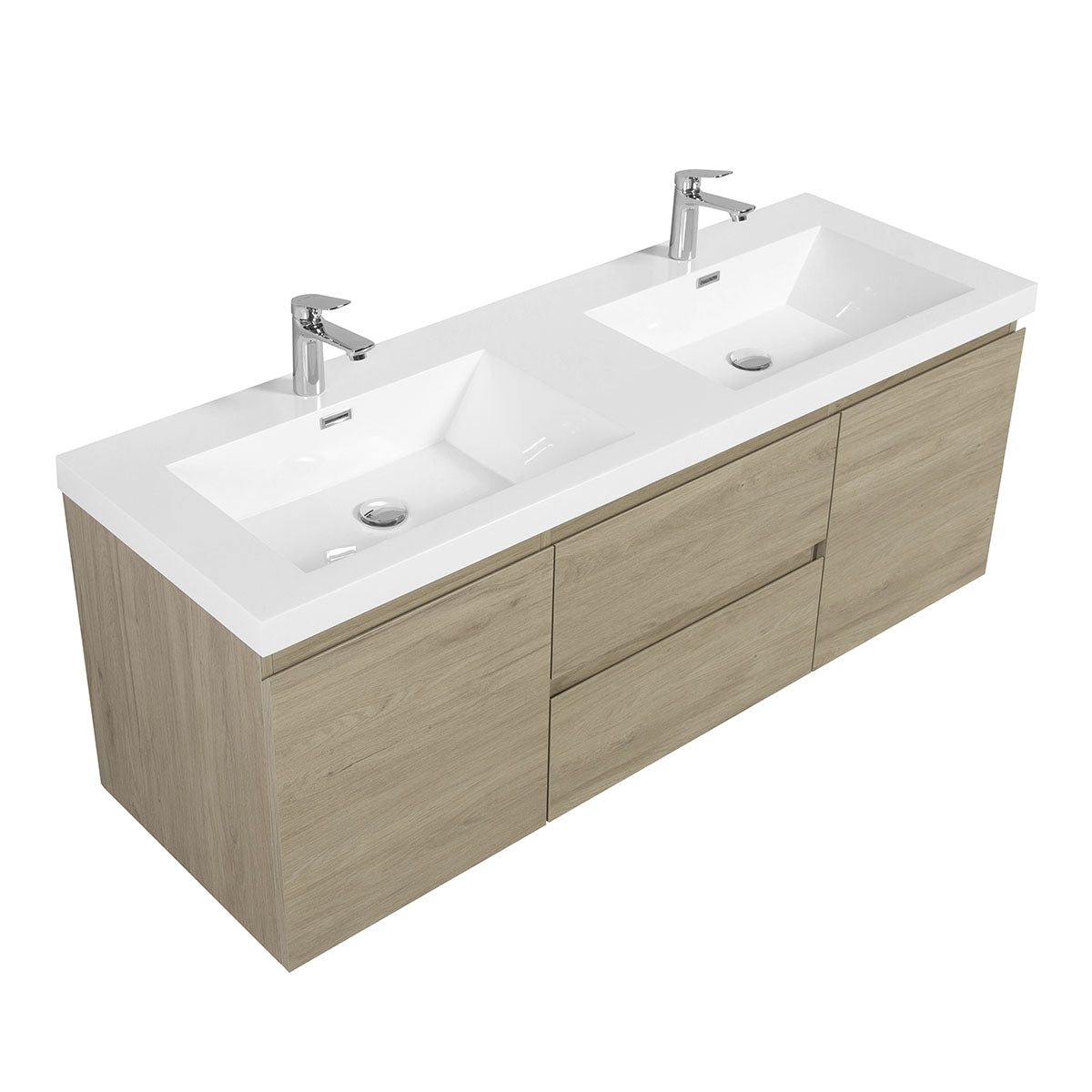 60" V9005 Angela Wall Hung Vanity & Acrylic Basin Double Sinks (E.Oak)