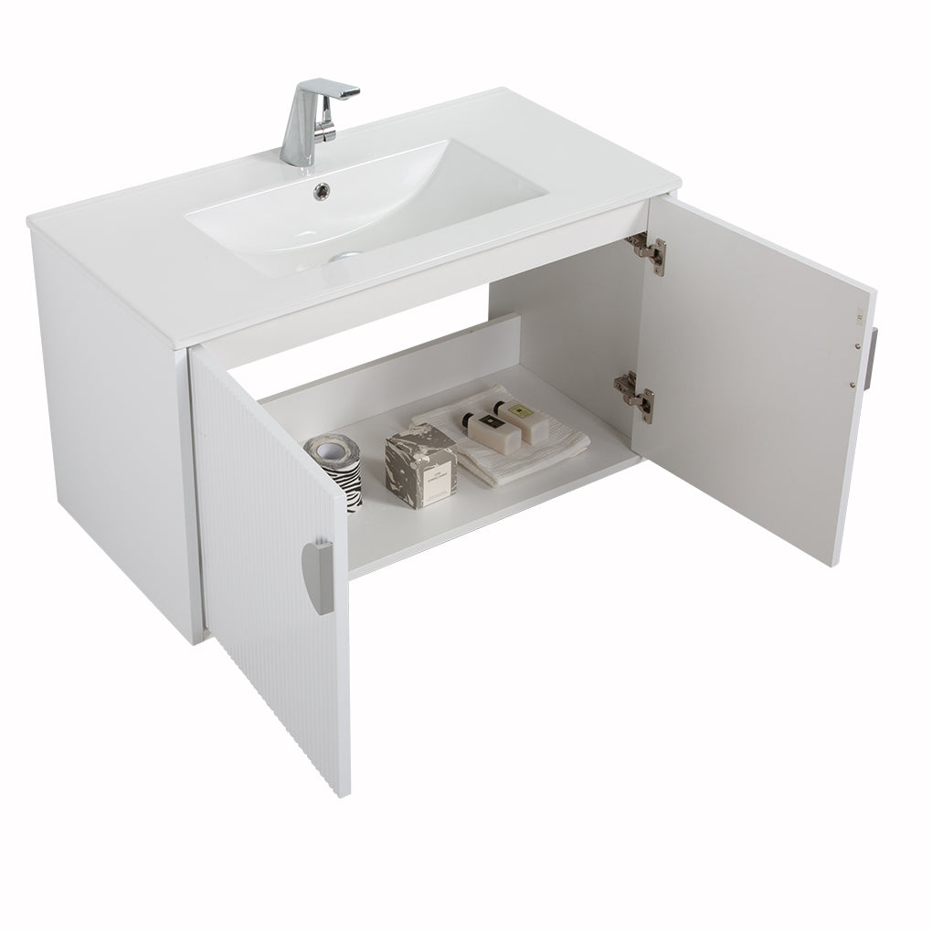 36" V9015 Series Wall Hung Vanity & Ceramic Sink (Glossy White)