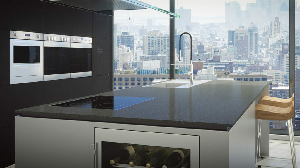 Modern kitchen featuring a sleek black countertop and urban skyline view, ideal for contemporary home designs.
