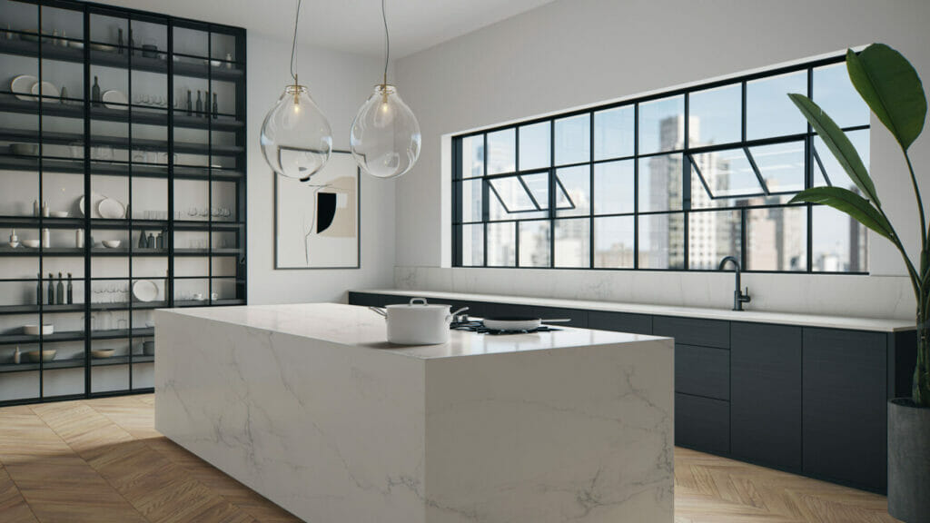 Modern kitchen featuring 501 Snowdrift marble island with golden-brown veining, sleek cabinetry, and large windows.