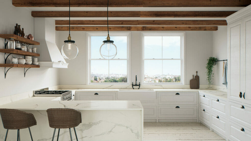 Modern kitchen with pure white cabinets, light-grey veining countertops, and wooden beams, featuring stylish bar stools.