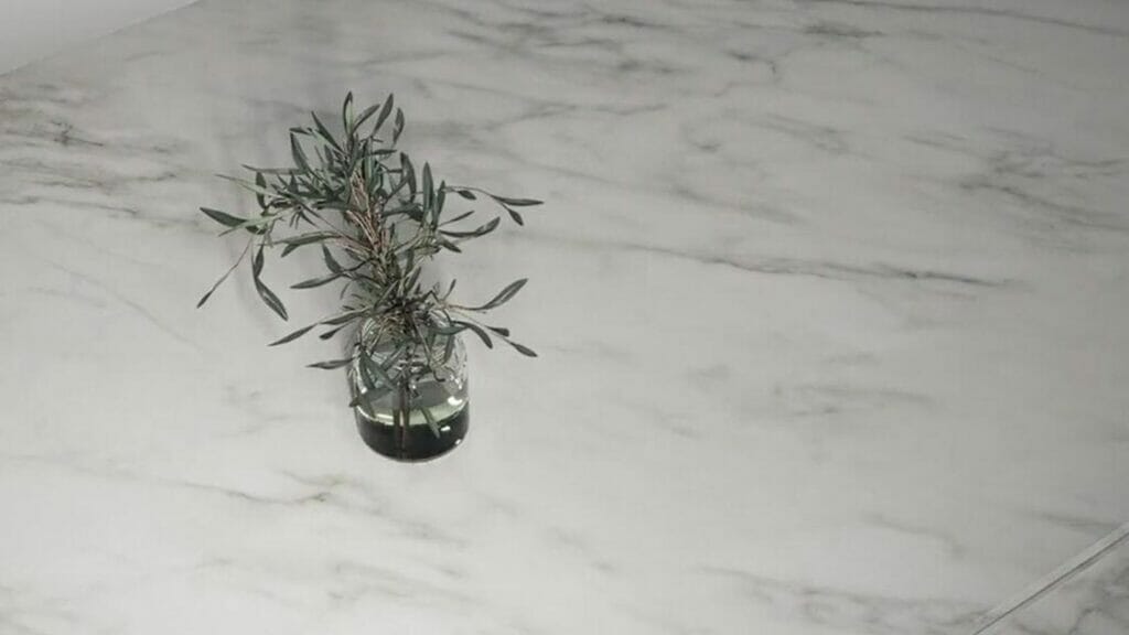 Soft ivory-white marble with grey veins and green-yellow crystalline layers, featuring a small plant in a glass vase.