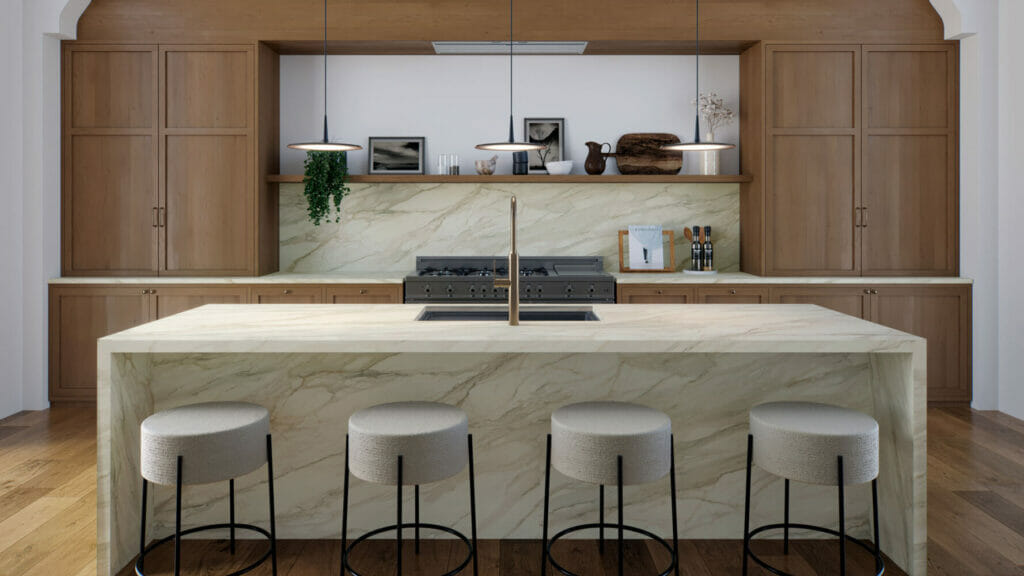 Modern kitchen featuring a 506 Mirabel countertop with ivory tones and charcoal veins, complemented by wood cabinetry.