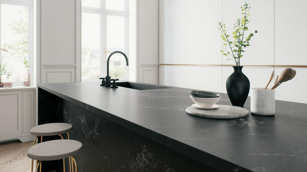 Stylish kitchen with 5101 Empira Black countertop, featuring sleek design, white veining, and elegant decor.