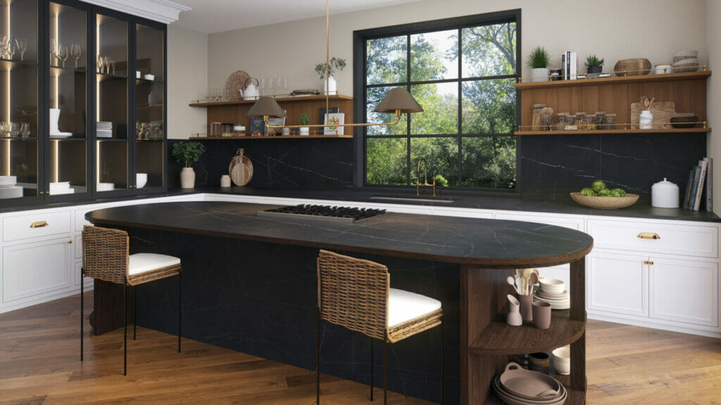 Modern kitchen featuring a dramatic black island, white cabinetry, and natural light from large windows.