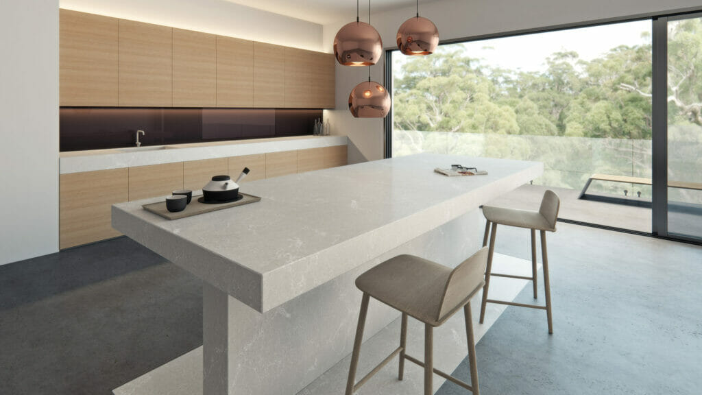 Modern kitchen featuring a 5110 Alpine Mist countertop with a cool grey backdrop and elegant decor.