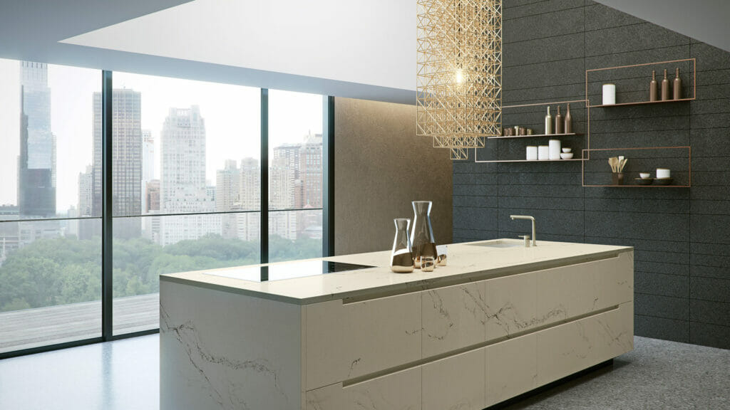 Modern kitchen featuring 5111 Statuario Nuvo marble island with a creamy white background and elegant dark grey veins.