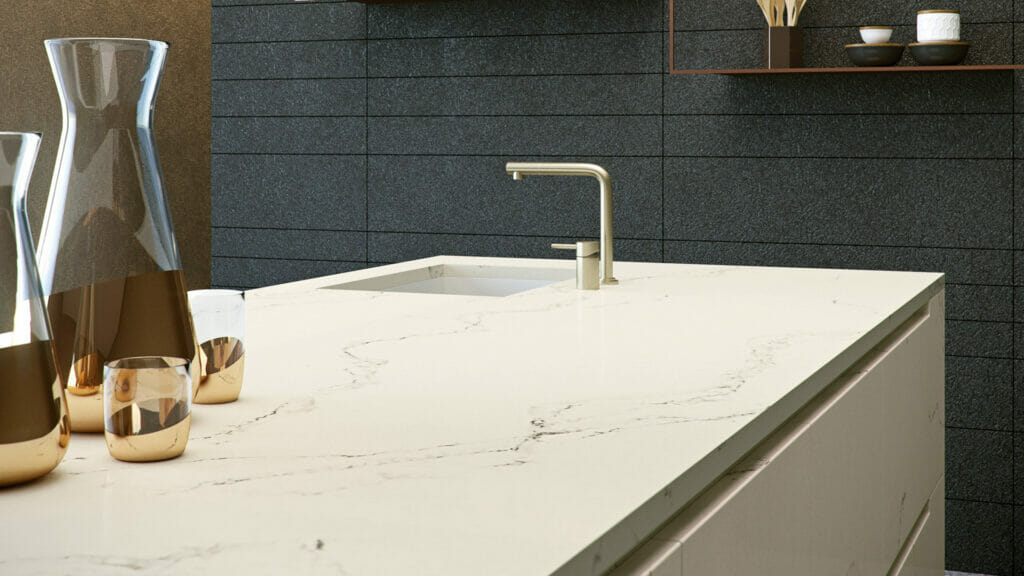 Elegant kitchen countertop featuring 5111 Statuario Nuvo marble with creamy white and grey veining, perfect for luxury designs.