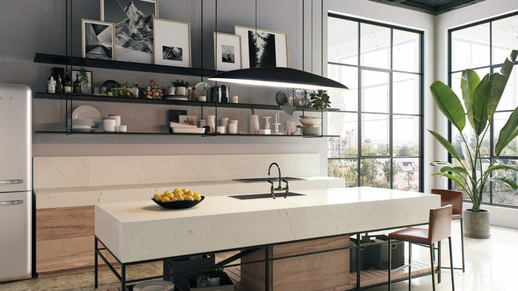 Modern kitchen featuring 5112 Aterra Blanca countertop with earthy veining and elegant design elements.
