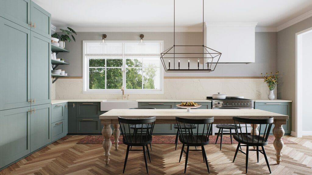 Modern kitchen featuring misty white countertops, blue cabinetry, and a spacious dining area with black chairs.
