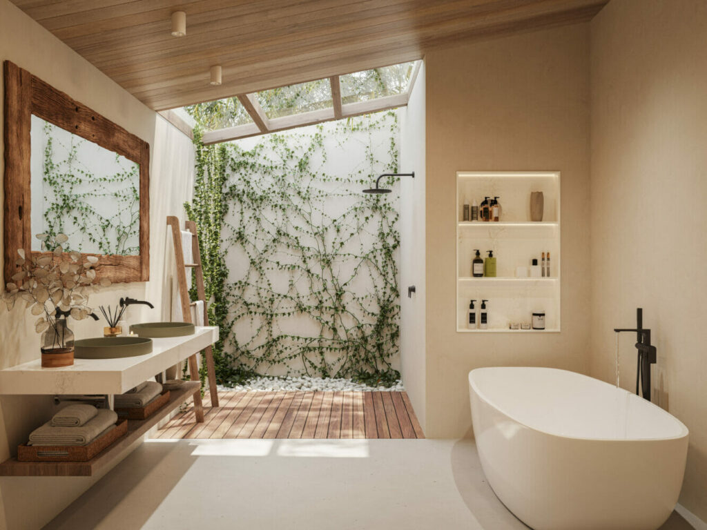 Modern bathroom featuring a freestanding tub, wooden accents, and greenery against a natural light backdrop.