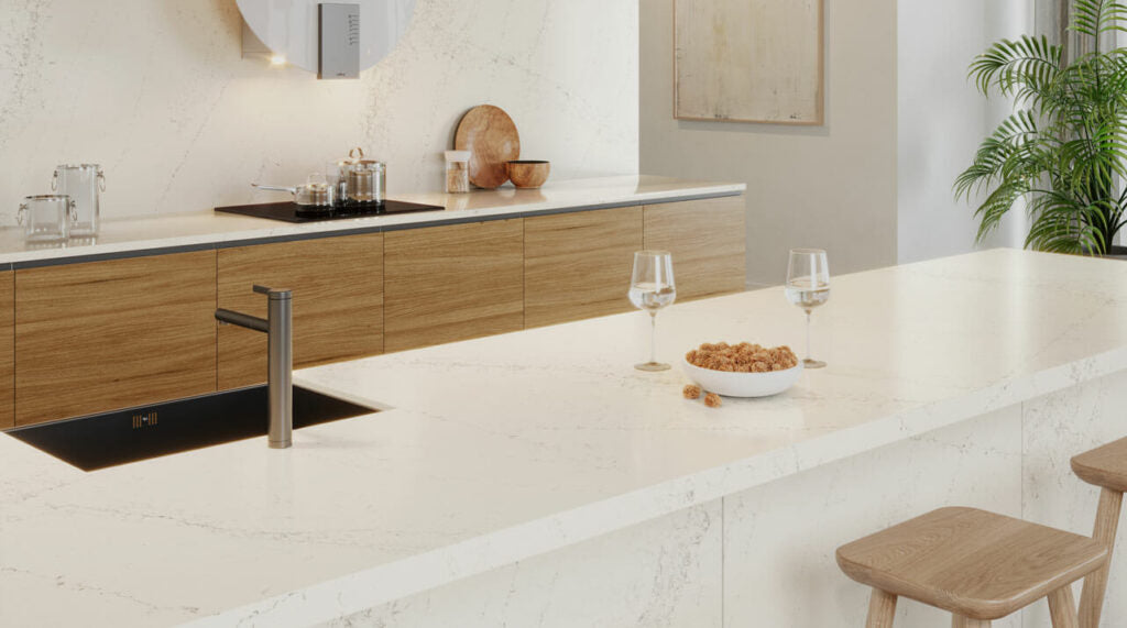 Modern kitchen featuring 5113 Solenna countertop with rich milky complexion and amber veining.
