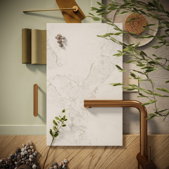 5115 Calacatta Stillstorm surface with white base, grey veins, and organic textures for a soothing aesthetic.