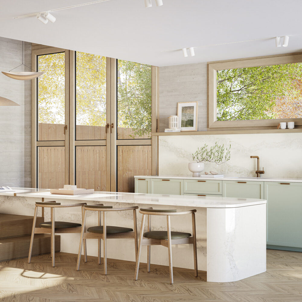 Modern kitchen featuring 5115 Calacatta Stillstorm countertops with bold veins and serene design elements.